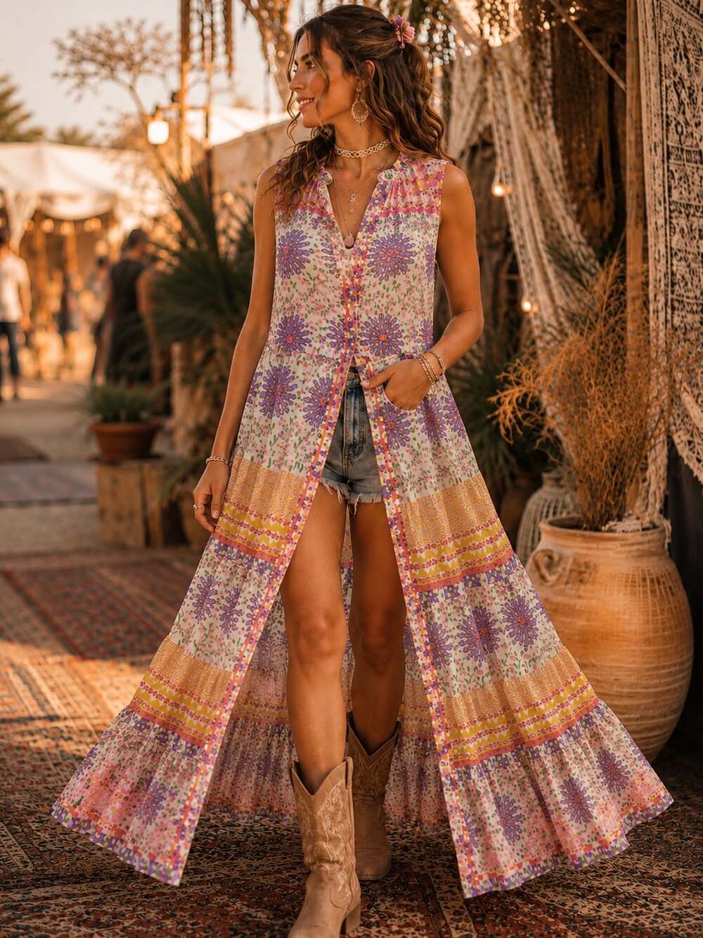 TAJ by Sabrina Crippa Silk Cotton Patchwork Floral Maxi Tunic Duster Small